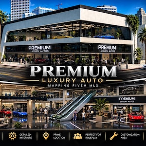 May include: A two-storey luxury car dealership building with glass walls, featuring the text Premium Luxury Autos. The interior includes an escalator, multiple sports cars, and a reception area. The exterior shows palm trees and city buildings.