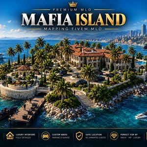 May include: A digital rendering of a private island estate titled Mafia Island, featuring a large mansion, palm trees, a stone dock with a black boat, a yacht, a helicopter, and a bridge, with text overlays including Premium MLO and FiveM MLO.