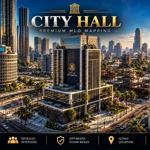 Könnte beinhalten: Eine digitale Darstellung einer Skyline mit einem zentralen Rathausgebäude mit dem Text City Hall Premium MLO Mapping. Die Szene umfasst Wolkenkratzer, Palmen und städtische Straßen unter einem Sonnenuntergangshimmel mit dem Text Los Santos Government District.