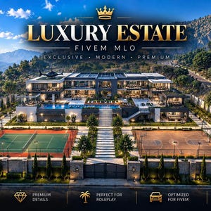 Op de afbeelding: Een digitale weergave van een modern luxe landgoed met een groot herenhuis van meerdere verdiepingen met een zwembad, een tennisbaan en een basketbalveld. De tekst LUXURY ESTATE FIVE MLO EXCLUSIVE MODERN PREMIUM staat bovenaan.