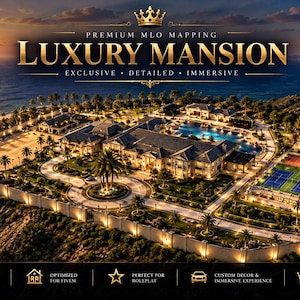 May include: An aerial view of a large coastal mansion featuring a swimming pool, tennis courts, and a helipad. The text reads: LOS SANTOS WHERE LUXURY LIVES, PREMIUM MLO MAPPING LUXURY MANSION EXCLUSIVE DETAILED IMMERSIVE, MORE THAN A MAP A LIFESTYLE.