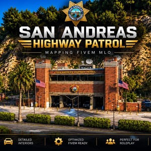 May include: A digital graphic featuring a San Andreas Highway Patrol station building with red brick walls, American flags, and palm trees. The text reads San Andreas Highway Patrol, Mapping FiveM MLO, Los Santos State Highways Safer Together.