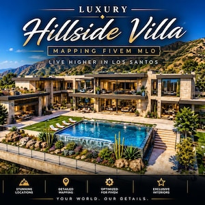 May include: A digital rendering of a modern hillside villa featuring a rectangular swimming pool, stone exterior walls, and large glass windows. The text reads: LUXURY Hillside Villa MAPPING FIVEM MLO LIVE HIGHER IN LOS SANTOS, with additional descriptive text.