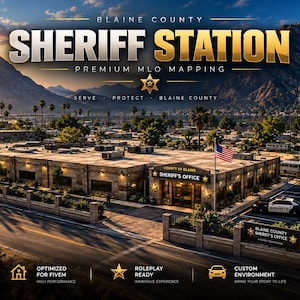 Puede incluir: Un gráfico digital de un mapeo MLO de la estación del sheriff del condado de Blaine para FiveM. La imagen muestra un edificio color canela con techo plano, un estacionamiento con patrullas, una bandera de EE. UU. y montañas. El texto incluye BLAINE COUNTY SHERIFF STATION, PREMIUM MLO MAPPING y More Than a Map A Story.