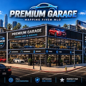 May include: A digital rendering of a two-storey glass-walled building labelled Premium Garage Mapping FiveM MLO. The structure features black exterior panels, illuminated signage, and interior displays of various cars. The scene includes city streets.