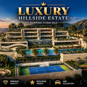 Puede incluir: Una representación digital de una finca en la ladera de varios niveles con una gran mansión, piscinas, una cancha de tenis y una zona de fogata. El texto dice LUXURY HILLSIDE ESTATE MAPPING FIVEM MLO, EXCLUSIVE HILLSIDE LIFESTYLE y MORE THAN A PLACE, A LIFESTYLE.