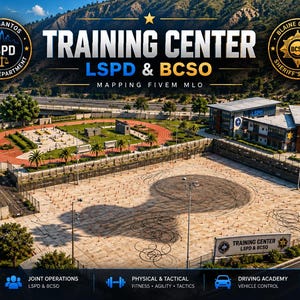 May include: An aerial view of a training centre featuring a large paved lot with tyre marks, a running track, and buildings labelled LSPD and BCSO. The text reads TRAINING CENTER LSPD & BCSO MAPPING FIVEM MLO, with police department emblems.