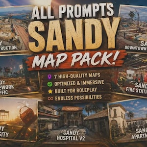 Puede incluir: Un gráfico promocional digital para el All Prompts Sandy Map Pack, que presenta siete vistas previas de mapas de juego, incluyendo sitios de construcción, una estación de bomberos, una universidad, un hospital y apartamentos, con texto detallando características.