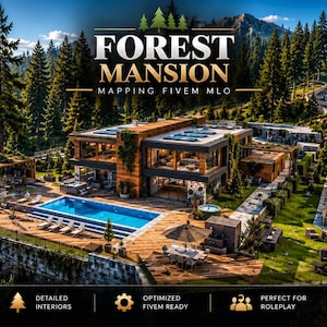 May include: A digital architectural rendering of a modern multi-level mansion nestled in a dense pine forest. The property features a rectangular swimming pool, a wooden deck, outdoor seating, and large glass windows. Text reads Forest Mansion.