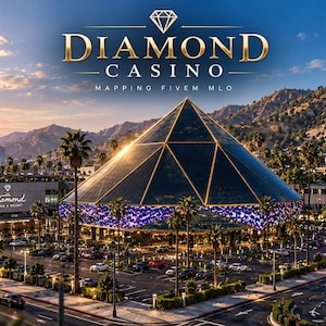 May include: A digital rendering of the Diamond Casino and Resort featuring a large central pyramid structure with a gold frame and purple geometric panels, surrounded by palm trees, a parking lot, and city buildings under a sunset sky.