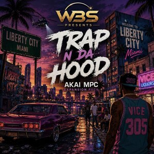 Op de afbeelding: Een digitale afbeelding met een paarse klassieke auto en een persoon in een blauw en roze shirt met de tekst 305. De scène bevat een stadsskyline bij zonsondergang, een helikopter en de tekst WBS PRESENTS TRAP N DA HOOD AKAI MPC EXPANSION PACK.