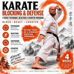 Op de afbeelding: Een digitale poster getiteld Karate Blocking & Defense met een trainingsprogramma van 4 weken. Het toont een persoon in een wit karate-uniform met een zwarte band in een verdedigende houding tegen een achtergrond van bergen en oranje accenten.