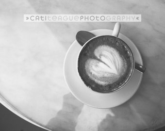 Cafe Latte - b&W photo of coffee latte cafe- black and white print photograph