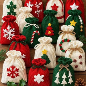 Può includere: Una collezione di piccoli sacchetti regalo all'uncinetto con coulisse in rosso, bianco e verde. Ogni sacchetto presenta applicazioni festive tra cui fiocchi di neve, alberi di Natale, stelle, bastoncini di zucchero e ghirlande.