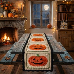 Pode incluir: Um caminho de mesa retangular de crochê com quatro painéis quadrados, cada um exibindo uma abóbora laranja vibrante com um rosto preto. Os painéis são bordados em creme e verde claro, finalizados com uma borda de crochê preta festonada.