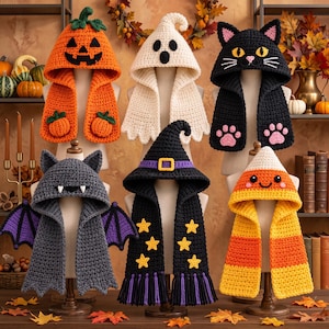 May include: Six crochet hooded scarves featuring Halloween themes: an orange pumpkin, a white ghost, a black cat with pink paw prints, a grey bat with purple wings, a black wizard hat with yellow stars, and a yellow, orange, and white candy corn.