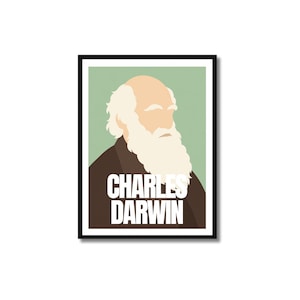 Op de afbeelding: Een ingelijste grafische kunstdruk met een gestileerd portret van Charles Darwin tegen een saliegroene achtergrond. De figuur heeft een kaal hoofd, wit haar en een lange witte baard en draagt een donkerbruine jas. De tekst CHARLES DARWIN is in het wit.