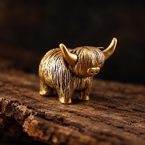 May include: A small, metallic gold-toned figurine of a Highland cow. The sculpture features a textured, shaggy coat, two prominent curved horns, and a detailed face with a visible snout, capturing the distinct appearance of the animal in metal.