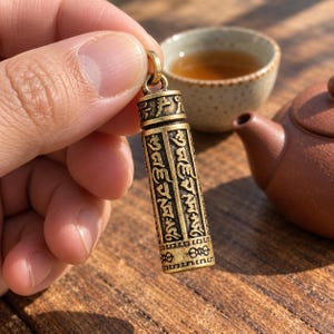 May include: A cylindrical brass pendant featuring intricate embossed Tibetan script and decorative patterns along its length. The metal has a weathered, antique finish with a small circular loop at the top for attachment to a chain or cord.