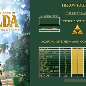 May include: A digital tracker for The Legend of Zelda: Ocarina of Time featuring a forest scene with Link and a fairy on the left, and a green completion checklist table on the right with headers like Hero's Journey and Current Rank.