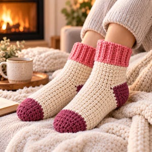 Könnte beinhalten: Ein Paar knöchelhohe Häkelsocken mit einem cremefarbenen Hauptteil, einem gerippten rosa Bündchen am oberen Rand sowie einer dunkelmagentafarbenen Ferse und Zehenpartie. Die Socken sind mit einem deutlich sichtbaren, strukturierten Maschenmuster gefertigt.