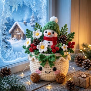 Può includere: Un cesto all'uncinetto color crema con un volto sorridente, contenente un pupazzo di neve con un cappello verde e una sciarpa rossa, circondato da fiori bianchi, bacche rosse, fogliame verde e pigne. Il cesto presenta un fiocco verde.
