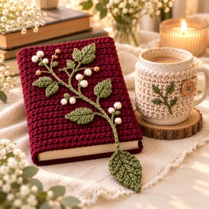 May include: A dark red crochet book cover featuring an attached green leafy branch with small white berries. Beside it sits a speckled ceramic mug wrapped in a beige crochet cozy, which is decorated with a small green leaf and a single wooden button.