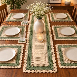 Può includere: Un set di biancheria da tavola all'uncinetto color crema e verde salvia che include un lungo runner rettangolare, sei tovagliette quadrate e due sottobicchieri quadrati, tutti caratterizzati da un bordo smerlato e un motivo.