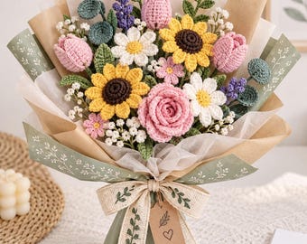 Patrón de ramo de flores de ganchillo en PDF, girasoles, rosas, tulipanes y margaritas, flores de ganchillo, patrón de ramo floral hecho a mano, regalo DIY
