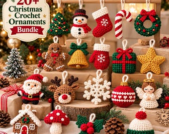 Paquete de patrones de adornos navideños de ganchillo, más de 20 decoraciones festivas, adornos de amigurumi para el árbol, patrón de ganchillo en PDF para principiantes.