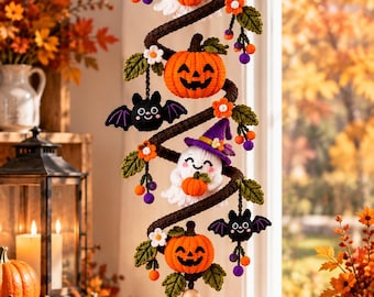 Patrón de ganchillo para Halloween, móvil colgante de ganchillo, decoración de fantasmas, calabazas y murciélagos, patrón para colgar en la pared con motivos de brujas, decoración de otoño y Halloween en PDF