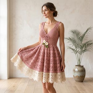 Puede incluir: Un vestido de ganchillo sin mangas en color rosa empolvado con escote en V y un cordón decorado con dos aplicaciones de flores blancas con hojas verdes. La falda tiene una silueta acampanada con un ancho dobladillo de encaje festoneado crema.
