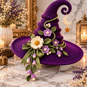 May include: A deep purple crocheted pointed hat featuring a curled tip with a hanging cream crescent moon and yellow star charm. The hat is decorated with green crocheted vines, leaves, and various light purple and white floral accents.