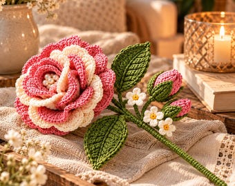 Patrón de rosa a crochet en PDF, ramo de flores a crochet realista, tallo de rosa con capullos y hojas, decoración floral, patrón de regalo hecho a mano