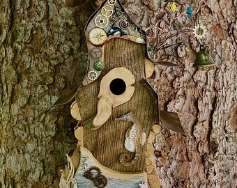 Birdhouse, bird house, birdhouses. repurposed wood, garden art, gift, beach art, seahorse