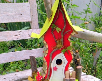 bird house, Birdhouse, Tall Crooked Woodland Birdhouse in custom colors, rustic and original, made to order birdhouse, garden art, gift,