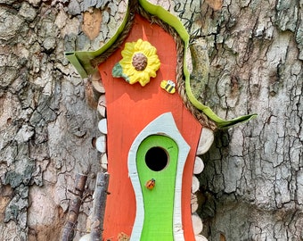 bird house, birdhouse, functional birdhouse, flower, garden art