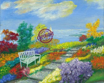 May include: A white wooden bench sits on a path in a garden with colorful flowers and a blue sky with white clouds. The text "Copyright All rights reserved" is visible in the image.
