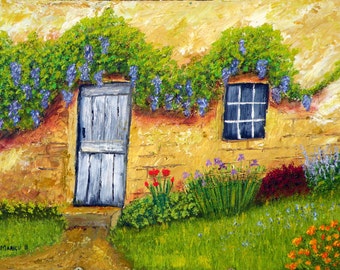Wisteria Cottage, Oil painting, original art, OOAK, one of a kind, oil on canvas