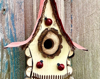 Birdhouse, bird house, rustic birdhouse, lady bugs