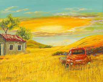 Out to Pasture, a quality limited edition signed print on canvas of an original oil painting by Marilu, Old Truck in a field