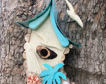 birdhouse, bird house, tropical vacation, beach, functional birdhouse, garden art