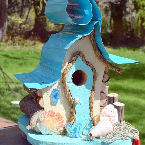Beach ocean nautical Wood folk art fairy garden Bird house decorative birdhouse 