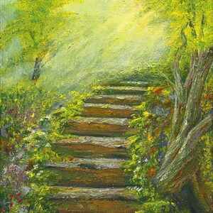 May include: An oil painting depicts a sunlit garden path ascending a series of wooden steps. Lush green foliage and trees frame the path, with vibrant yellow and green hues dominating the scene. The artist's signature, "MARILU S", is visible.