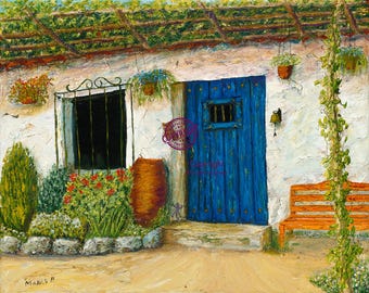 May include: A painting of a white building with a blue door and a wooden bench. The building has a window with black bars and a terracotta pot. There are green vines growing on the side of the building.