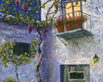 Cottage, gicl'ee print,  Fine Art, Original Oil Painting, Moon Light on Villa, Super Moon