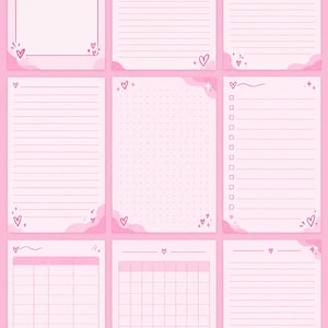 Peut inclure: Un ensemble de neuf feuilles de papeterie rectangulaires dans diverses nuances de rose, présentant des mises en page variées incluant des lignes, des points, des grilles et des listes, ornées de petits cœurs et étoiles dessinés à la main.