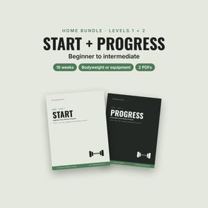 Könnte beinhalten: Ein digitales Heimtrainings-Paket mit zwei PDF-Anleitungen namens START und PROGRESS. Der helle Leitfaden ist für Anfänger, der dunkle für Fortgeschrittene. Der Text enthält 16 Wochen, Körpergewicht oder Ausrüstung.