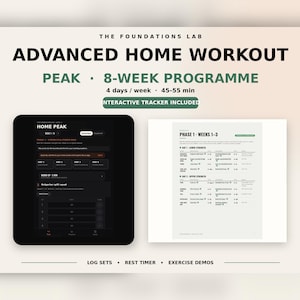 以下が含まれることがあります： The Foundations Labによる8週間の高度なホームワークアウトプログラム。週4日、45〜55分のスケジュール。タブレットとドキュメントに表示されたインタラクティブトラッカー、セットログ、休憩タイマー、エクササイズデモが含まれています。