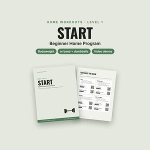 Puede incluir: Una guía de entrenamiento digital titulada START Beginner Home Program, que consta de dos páginas con texto, listas de ejercicios y códigos QR. La portada muestra el título, un icono de mancuerna y detalles verdes. La segunda página detalla dos métodos.